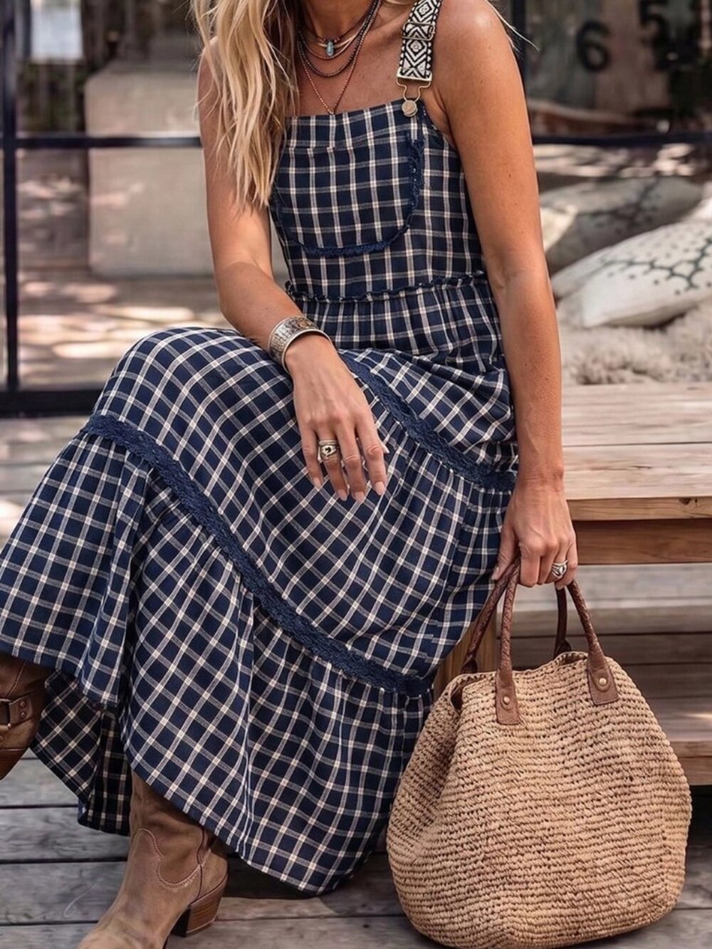 Navy Blue Casual Women's Plaid Adjustable Strap Tiered Midi Dress